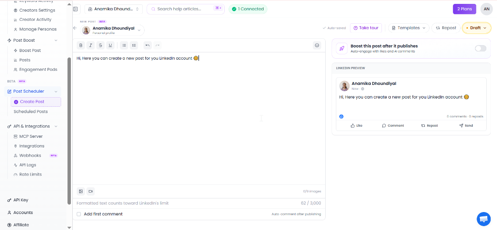 ConnectSafely Create Post screen showing rich text editor, LinkedIn preview, and boosting options