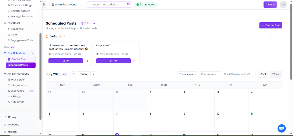 ConnectSafely Scheduled Posts screen showing drafts and month calendar view