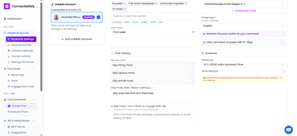 ConnectSafely Keyword Settings Post Filtering and Schedule panels