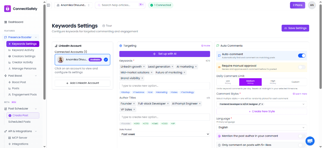 ConnectSafely Keyword Settings interface showing account selection, targeting, and auto comment options